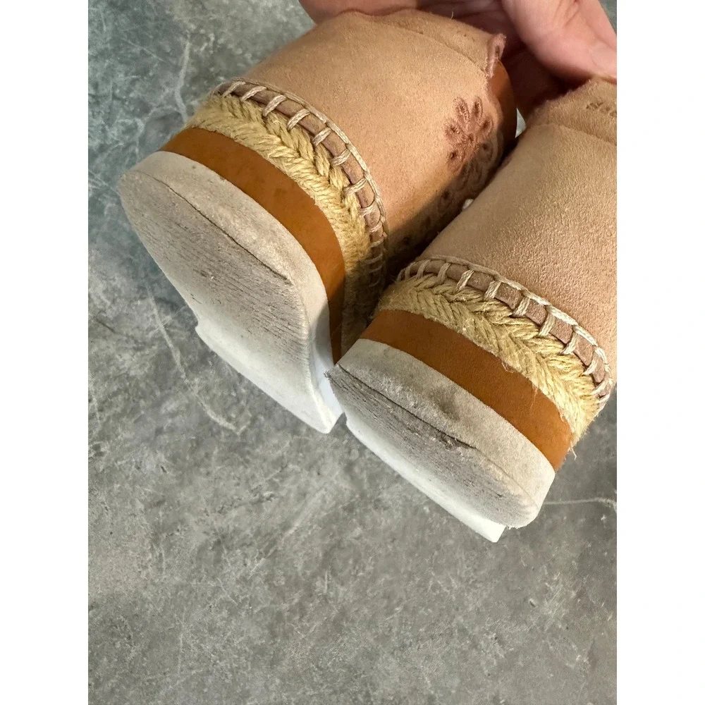 See By Chloe Glyn Suede Scalloped Espadrille Platform Ankle Strap Sandals Tan 36